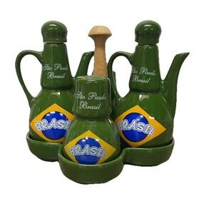 Brazil São Paulo Ceramic Oil Vinegar Salt Pepper Cruet Set Green Handled w Caddy